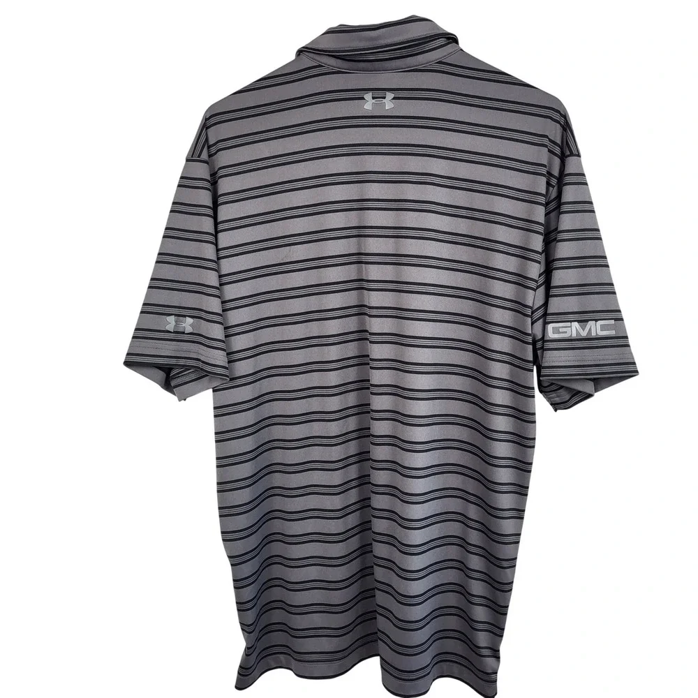 Under Armour HeatGear Polo Shirt Mens Large Gray Striped GMC Golf Performance‎